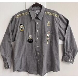 Vtg Mili Designs‎ Button Down Shirt Black White Embellished Patches Womens Large